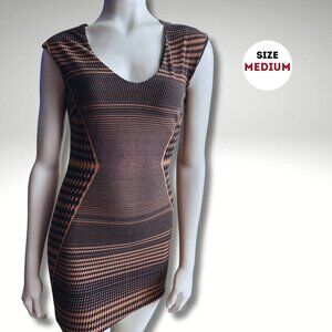 Geometric Print Bodycon top Dress | Cap Sleeve Scoop Neck | Medium | Black/Copp